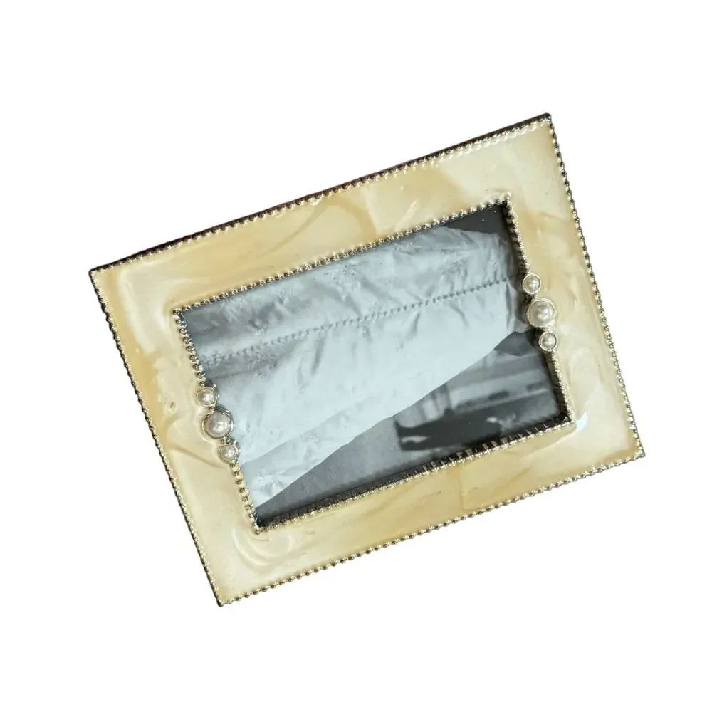 Trio of small photo frames (3) matching set cream enamel standing desktop style